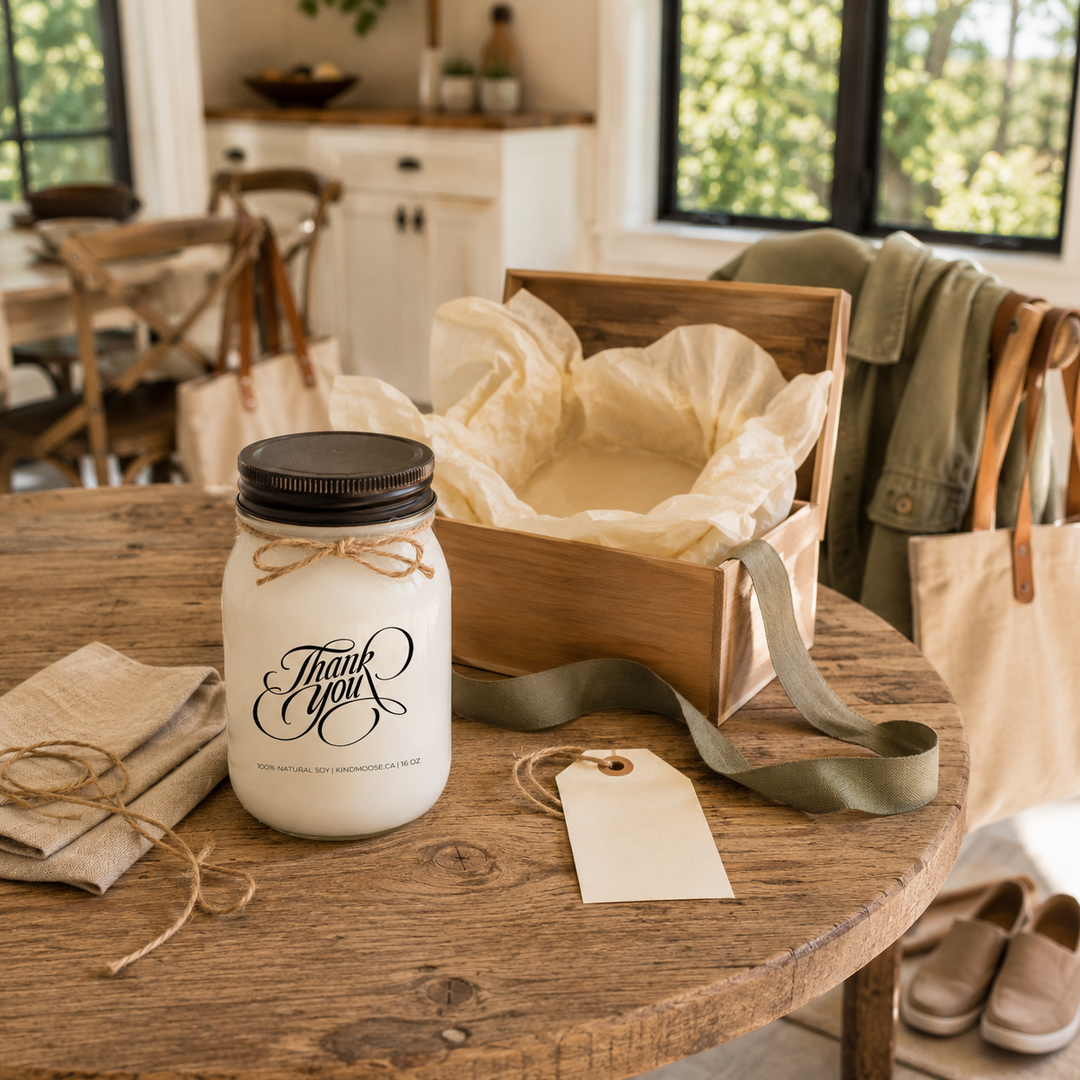 KINDMOOSE Thank You candle beside an open wooden gift box with cream tissue and sage ribbon, thoughtfully prepared as a meaningful thank-you gift.