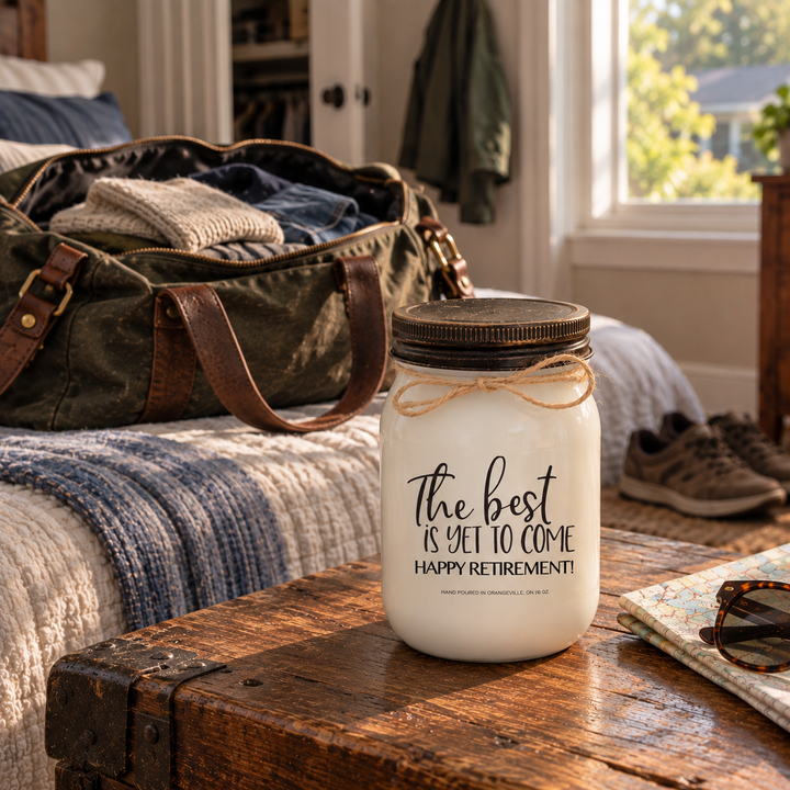 The Best Is Yet to Come Happy Retirement KINDMOOSE candle beside an open weekender bag, capturing the freedom to travel after retirement.