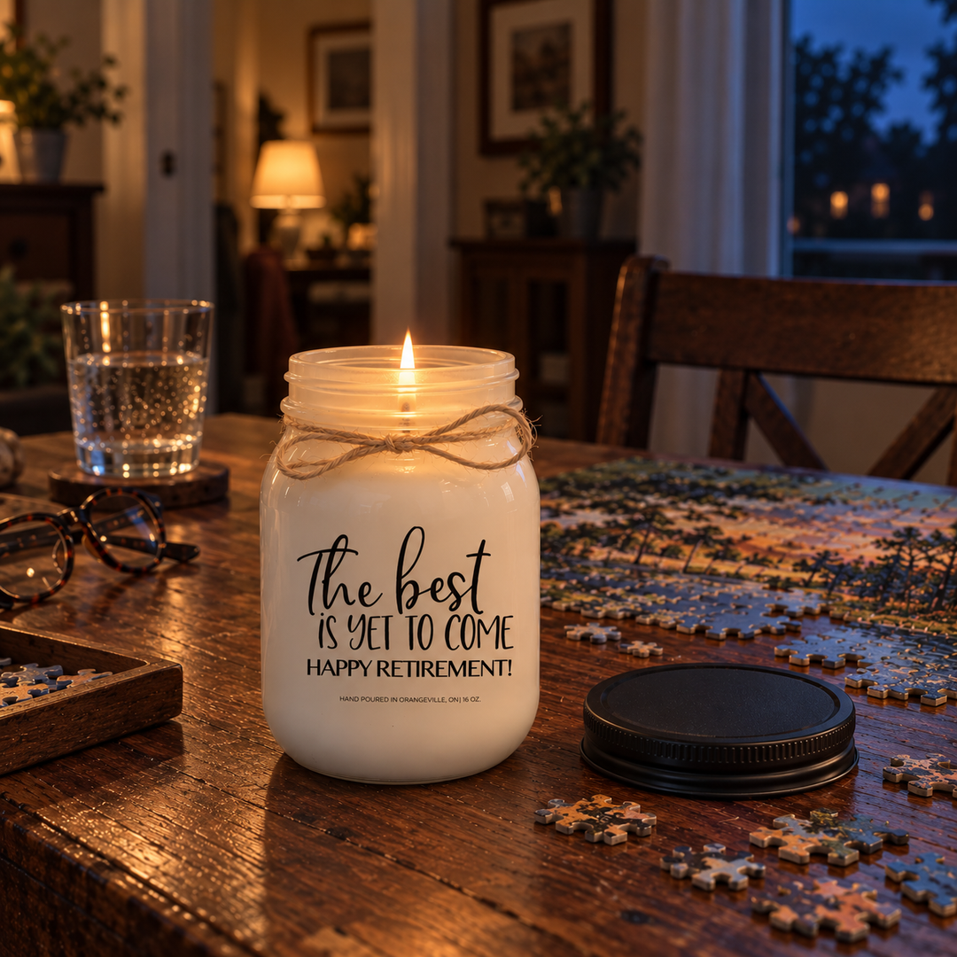 Burning The Best Is Yet to Come Happy Retirement KINDMOOSE candle beside an unfinished puzzle, capturing a peaceful Sunday evening in retirement.