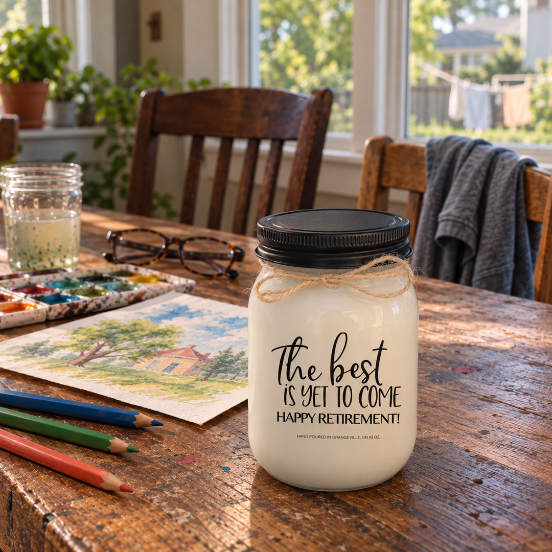The Best Is Yet to Come Happy Retirement KINDMOOSE candle beside an unfinished drawing and two empty chairs, celebrating more time with loved ones.