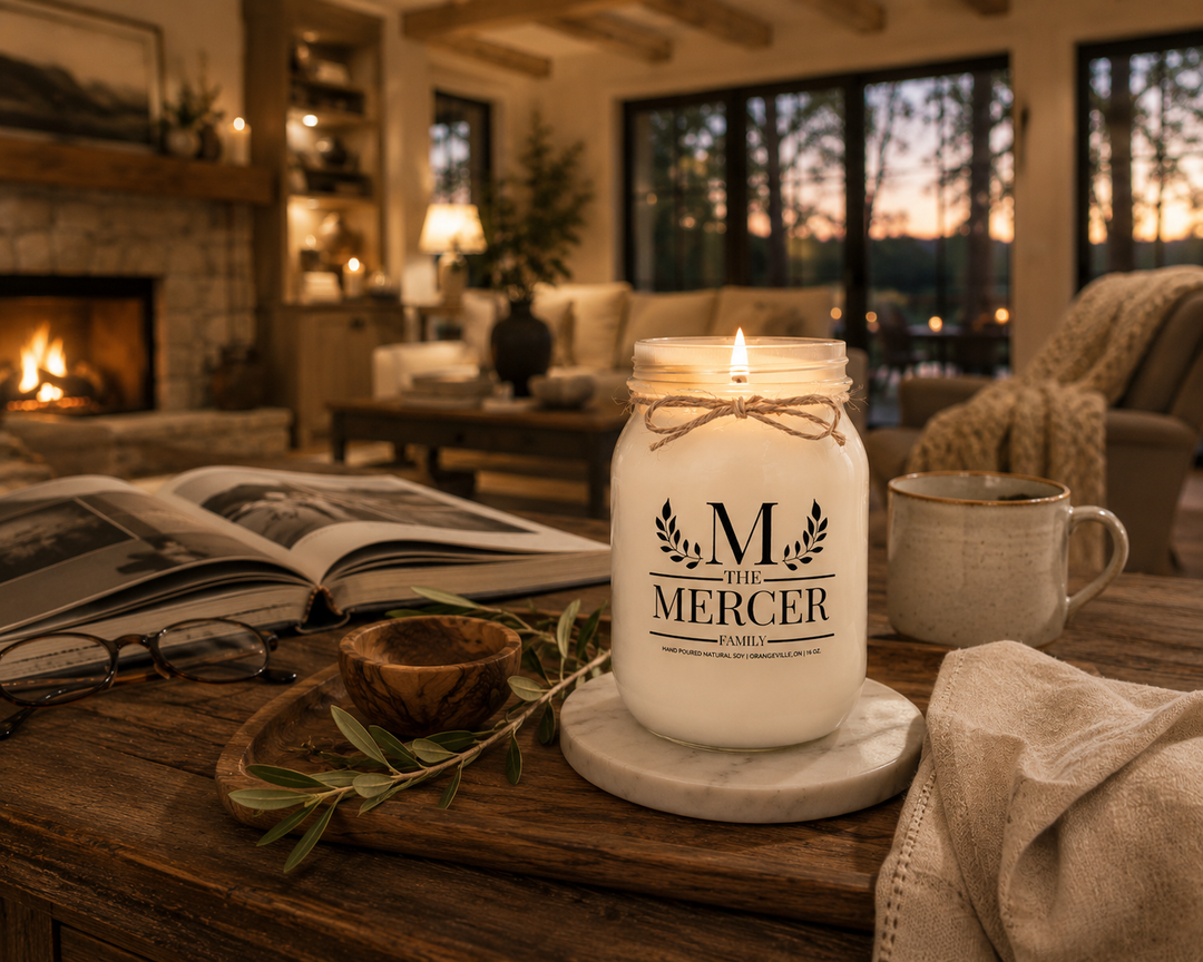 Customized Family Soy Candle burning softly on a reclaimed walnut console table inside a luxury farmhouse family room. The personalized frosted white mason jar with twine bow is surrounded by a family photo album, reading glasses, olive wood accents, and warm evening light, creating a peaceful atmosphere celebrating home, family, and meaningful everyday moments.