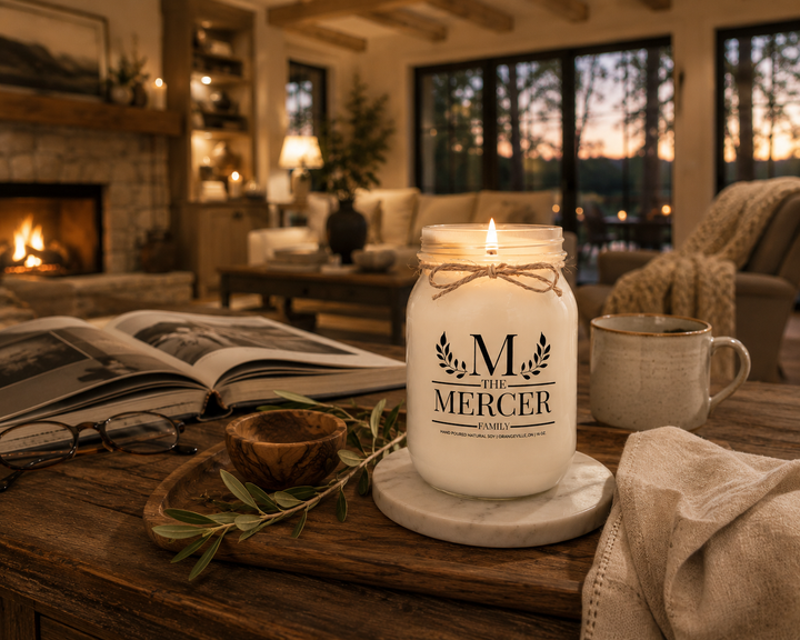 Customized Family Soy Candle burning softly on a reclaimed walnut console table inside a luxury farmhouse family room. The personalized frosted white mason jar with twine bow is surrounded by a family photo album, reading glasses, olive wood accents, and warm evening light, creating a peaceful atmosphere celebrating home, family, and meaningful everyday moments.