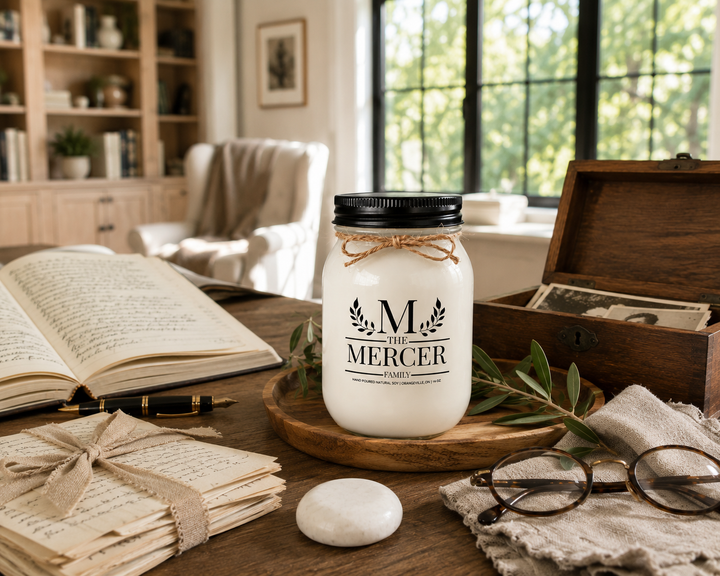 Customized Family Soy Candle personalized with a family name displayed on a reclaimed white oak writing desk inside a luxury farmhouse library. The frosted white mason jar with black lid sits beside handwritten family letters, an open journal, reading glasses, and treasured keepsakes, celebrating family history, meaningful traditions, and memories passed through generations.