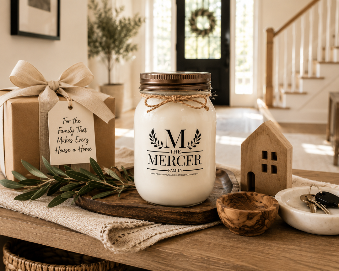 Customized Family Soy Candle personalized with a family name beautifully presented as a thoughtful housewarming or family gift on a farmhouse entry console. The frosted white mason jar with distressed bronze lid is surrounded by wrapped gifts, linen ribbon, natural wood textures, fresh greenery, and elegant farmhouse décor, creating a timeless gift that celebrates home, family, and lasting traditions.