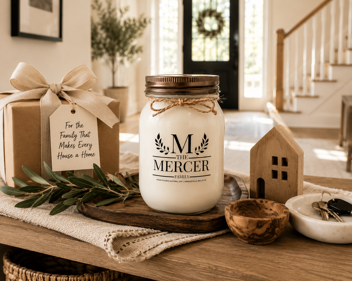 Customized Family Soy Candle personalized with a family name beautifully presented as a thoughtful housewarming or family gift on a farmhouse entry console. The frosted white mason jar with distressed bronze lid is surrounded by wrapped gifts, linen ribbon, natural wood textures, fresh greenery, and elegant farmhouse décor, creating a timeless gift that celebrates home, family, and lasting traditions.