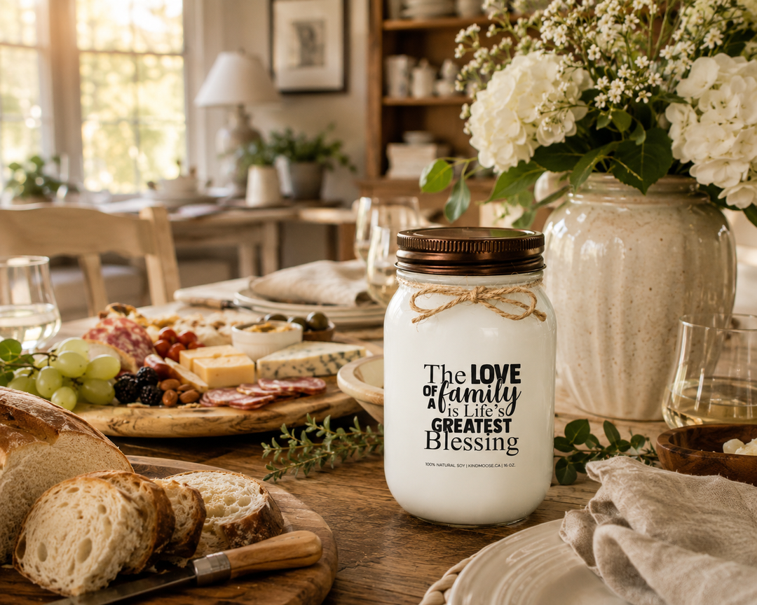 THE LOVE OF FAMILY IS LIFE'S GREATEST BLESSING soy candle with distressed bronze lid styled on a farmhouse dining table beside a charcuterie board, fresh bread, flowers, linen accents, and rustic serving pieces. The cozy family gathering scene captures togetherness, meaningful conversations, and making memories at home.