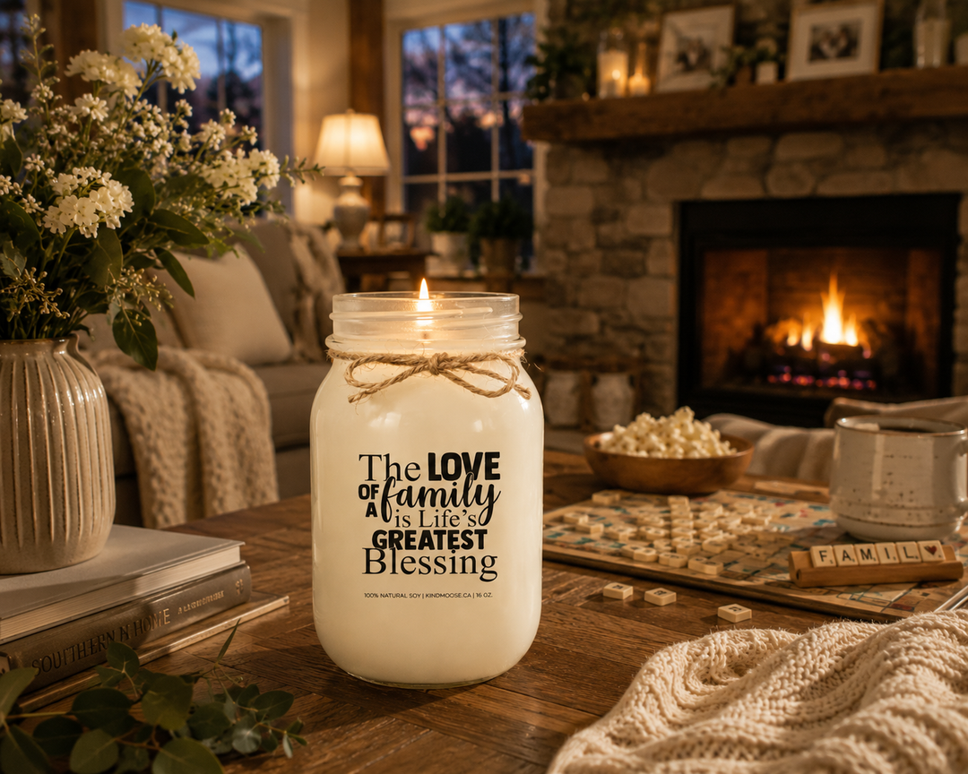 Burning THE LOVE OF FAMILY IS LIFE'S GREATEST BLESSING soy candle displayed in a warm farmhouse living room featuring a stone fireplace, family photo frames, cozy blankets, fresh flowers, and a family board game. The comforting evening scene celebrates love, family traditions, and the warmth that turns a house into a home.