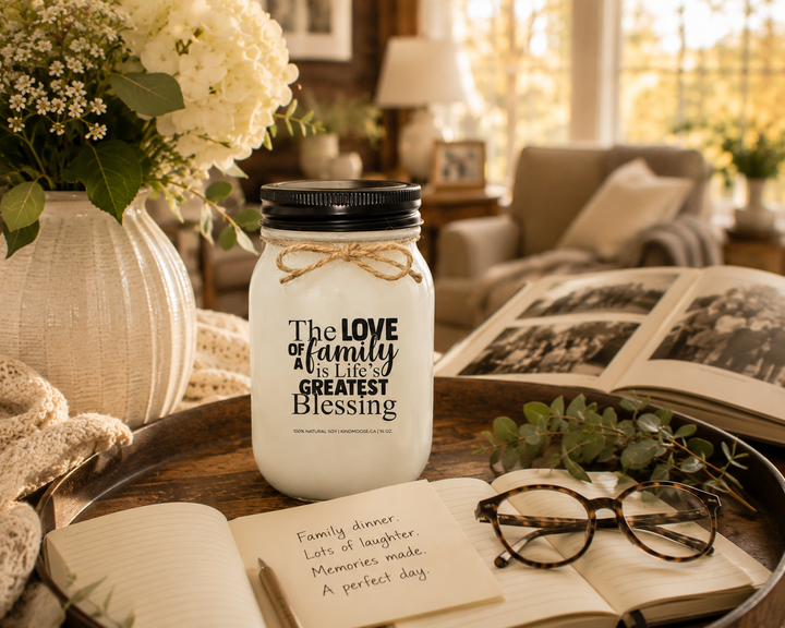 THE LOVE OF FAMILY IS LIFE'S GREATEST BLESSING soy candle styled beside a family memory journal, reading glasses, family photo album, fresh flowers, greenery, and a cozy knit blanket. Bathed in warm afternoon sunlight, the heartfelt reflection scene celebrates gratitude, family memories, and meaningful moments together.
