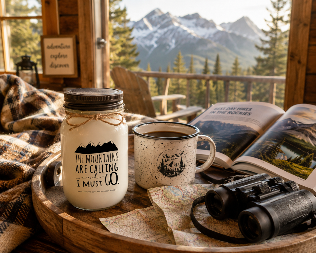 THE MOUNTAINS ARE CALLING AND I MUST GO soy candle with distressed bronze lid styled beside a coffee mug, hiking guidebook, trail map, binoculars, and wool blanket inside a mountain cabin.