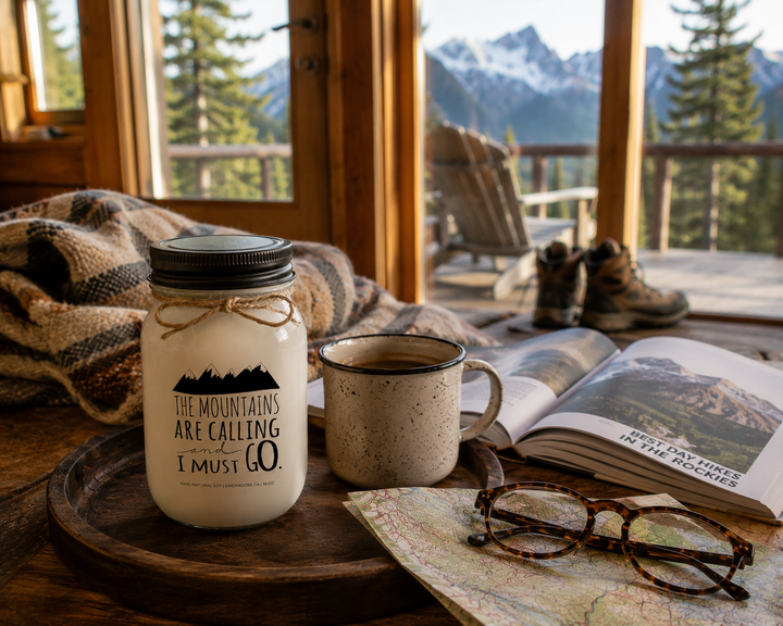 THE MOUNTAINS ARE CALLING AND I MUST GO soy candle with black lid displayed beside a hiking guidebook, trail map, reading glasses, coffee mug, and hiking boots in a mountain cabin setting.