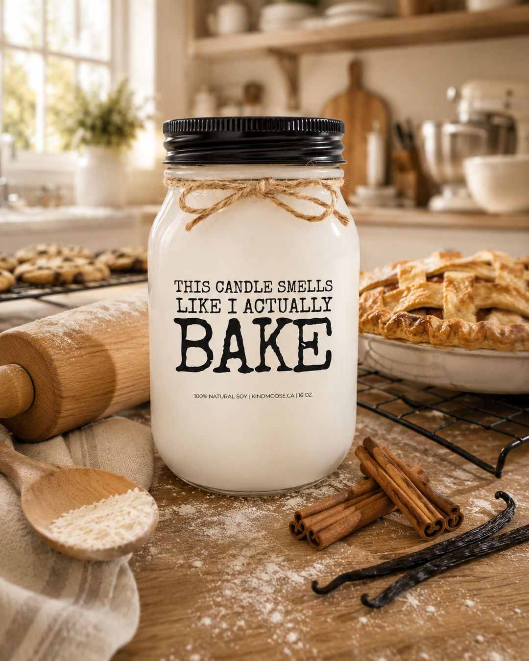 THIS CANDLE SMELLS LIKE I ACTUALLY BAKE soy candle displayed on a rustic farmhouse kitchen island surrounded by a freshly baked pie, cinnamon sticks, vanilla beans, and warm wood accents. Bathed in natural sunlight, the inviting hero image captures the comforting aroma and cozy charm of a home that always smells like fresh baking.