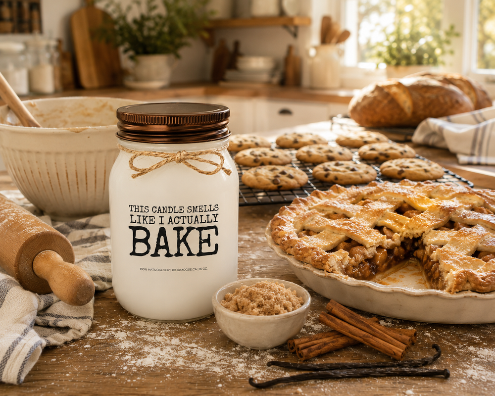 THIS CANDLE SMELLS LIKE I ACTUALLY BAKE soy candle with distressed bronze lid styled in a welcoming farmhouse kitchen beside a freshly baked pie, warm cookies, brown sugar, cinnamon sticks, vanilla beans, and rustic baking décor. The lived-in kitchen scene celebrates homemade comfort and the playful illusion of always baking from scratch.