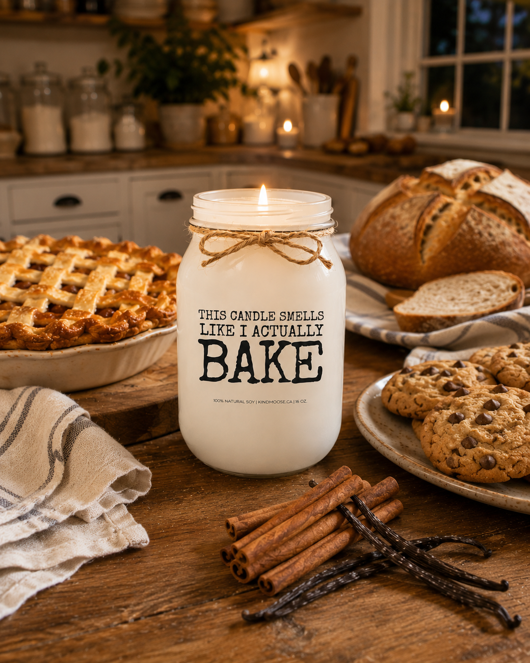 Burning THIS CANDLE SMELLS LIKE I ACTUALLY BAKE soy candle displayed in a cozy farmhouse kitchen surrounded by finished baked goods, including fresh bread, homemade pie, and warm cookies. Soft evening lighting and elegant kitchen décor create a comforting bakery-inspired atmosphere filled with warmth and nostalgia.