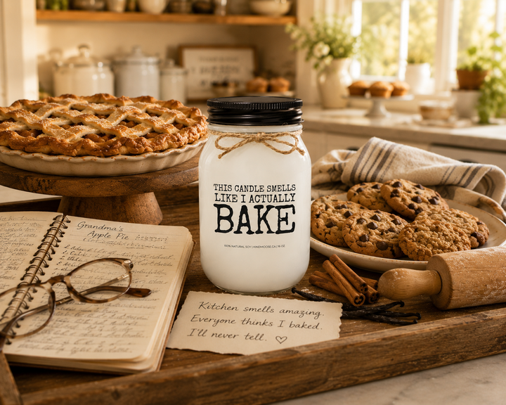 THIS CANDLE SMELLS LIKE I ACTUALLY BAKE soy candle styled beside a handwritten recipe book, fresh lattice pie, homemade cookies, cinnamon sticks, vanilla beans, and a playful note reading, "Kitchen smells amazing. Everyone thinks I baked. I'll never tell." The bright farmhouse kitchen celebrates finished baking, cozy humor, and homemade comfort.