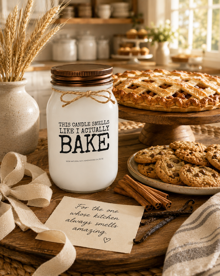 THIS CANDLE SMELLS LIKE I ACTUALLY BAKE soy candle with distressed bronze lid displayed as a thoughtful gift alongside a finished lattice pie, homemade cookies, cinnamon sticks, vanilla beans, soft linen ribbon, dried wheat stems, and a handwritten card reading, "For the one whose kitchen always smells amazing." The elegant farmhouse gifting scene celebrates cozy bakery aromas, homemade comfort, and the perfect gift for anyone who loves baking.