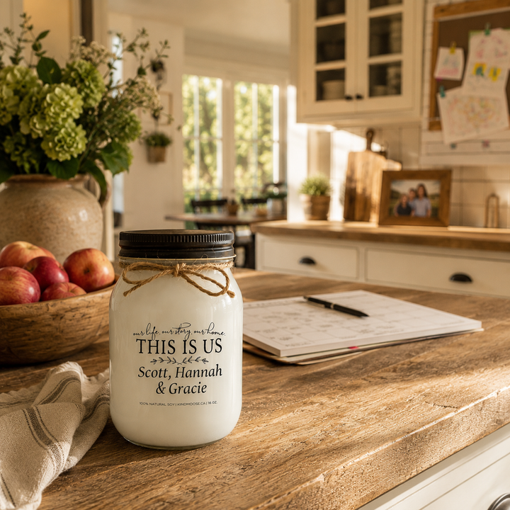 Personalized KINDMOOSE 16 oz frosted white mason jar candle with a distressed bronze lid and custom family label displayed on a modern farmhouse entry console with soft morning sunlight, celebrating family, home and lasting memories.