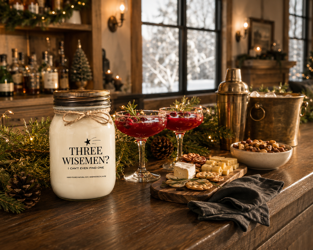 THREE WISE MEN? I CAN'T EVEN FIND ONE Christmas candle styled on a reclaimed walnut home bar with cranberry mocktails, artisan cheese board, cedar greenery, and elegant farmhouse entertaining décor before a festive Christmas gathering.
