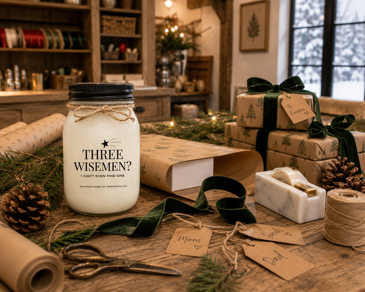 THREE WISE MEN? I CAN'T EVEN FIND ONE Christmas candle on a reclaimed white oak gift-wrapping table surrounded by kraft paper, ribbon, gift tags, cedar sprigs, and wrapped presents in a cozy luxury farmhouse wrapping room.