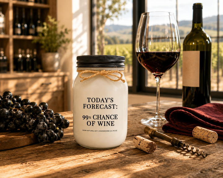 KINDMOOSE TODAY'S FORECAST: 99% CHANCE OF WINE candle with a distressed bronze lid on a reclaimed white oak kitchen island beside a white marble tray, stemless glass of red wine, folded linen napkin, fresh black grapes, and elegant wine-night details inside a bright Canadian modern farmhouse kitchen.