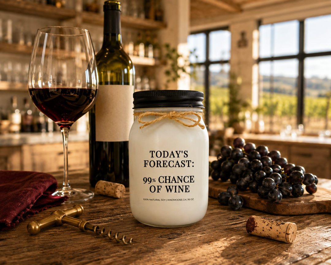 KINDMOOSE TODAY'S FORECAST: 99% CHANCE OF WINE candle with a black lid displayed on a reclaimed white oak home bar beside a glass of red wine, premium wine accessories, fresh black grapes, and warm afternoon light inside a luxury Canadian modern farmhouse.