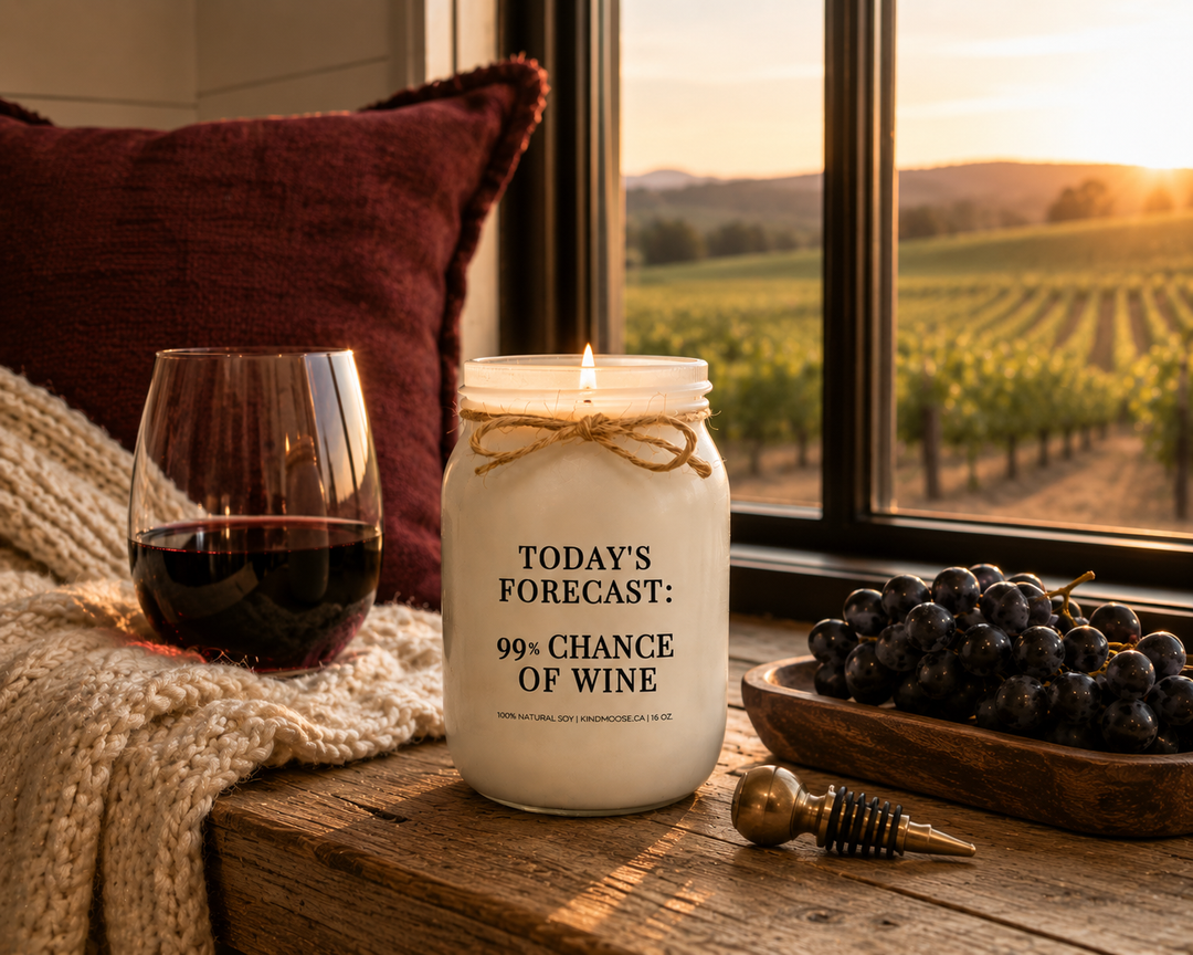 KINDMOOSE TODAY'S FORECAST: 99% CHANCE OF WINE candle without a lid burning softly on a reclaimed white oak window seat beside a stemless glass of red wine, cozy knit blanket, walnut tray, and fresh black grapes overlooking vineyard views at golden hour.