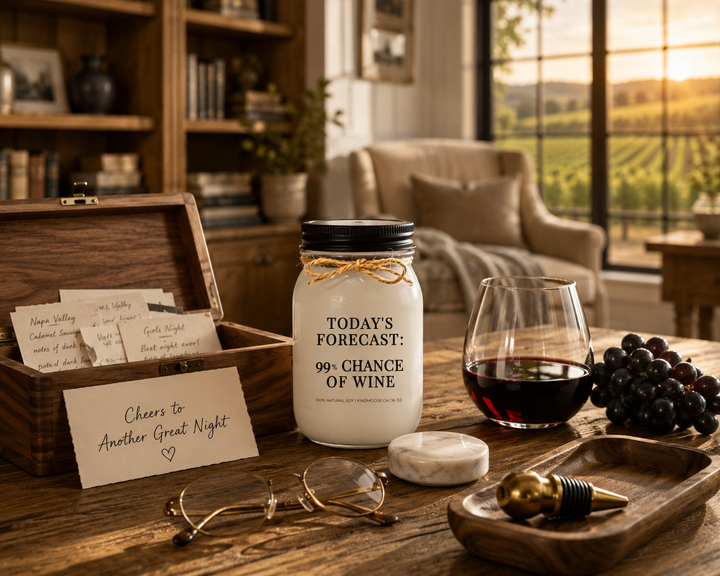 KINDMOOSE TODAY'S FORECAST: 99% CHANCE OF WINE candle with a distressed bronze lid displayed as an elegant wine-lover gift beside a kraft-wrapped present with a burgundy velvet ribbon, a stemless glass of red wine, black grapes, and a walnut tray inside a luxury Canadian modern farmhouse library overlooking vineyard views.
