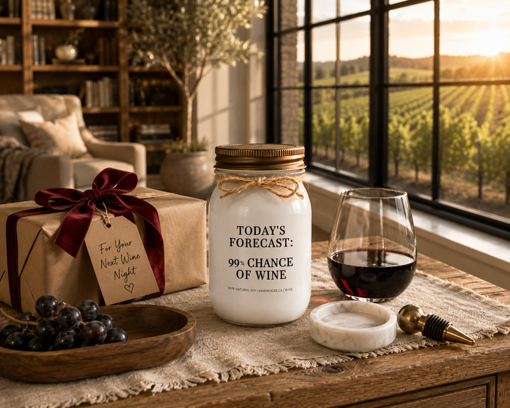 KINDMOOSE TODAY'S FORECAST: 99% CHANCE OF WINE candle with a distressed bronze lid displayed as an elegant wine-lover gift beside a kraft-wrapped present with a burgundy velvet ribbon, a stemless glass of red wine, black grapes, and a walnut tray inside a luxury Canadian modern farmhouse library overlooking vineyard views.