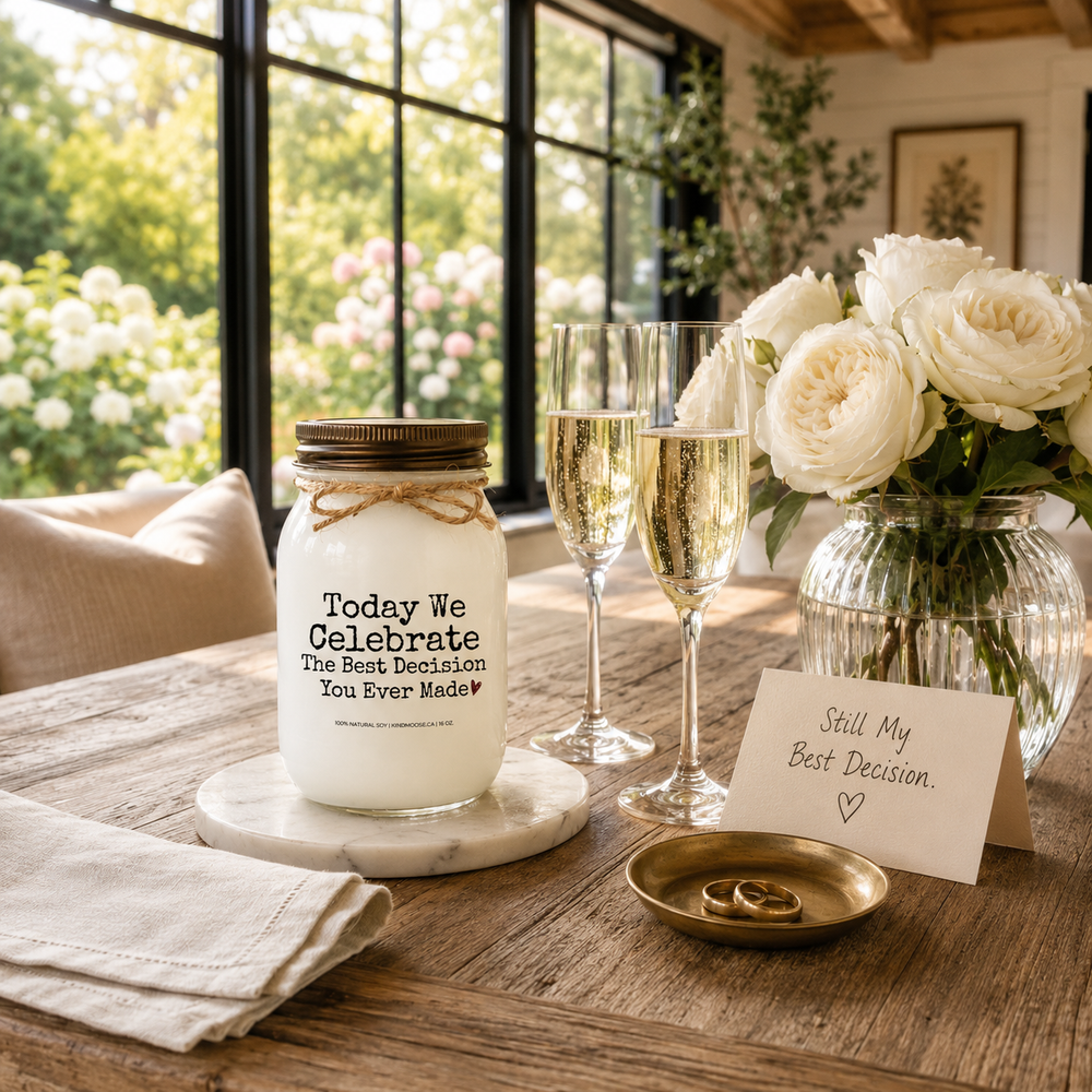 Today We Celebrate The Best Decision You Ever Made customizable 16 oz soy candle with a distressed bronze lid displayed on a white marble tray atop a reclaimed white oak breakfast table. Champagne flutes, wedding bands, fresh white roses, and warm morning sunlight create a peaceful anniversary breakfast in a luxury farmhouse sunroom.