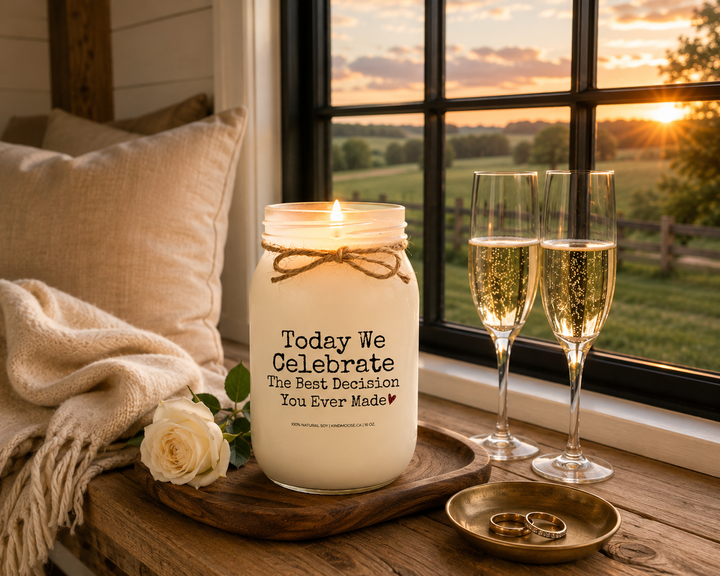 Today We Celebrate The Best Decision You Ever Made customizable 16 oz soy candle burning on a reclaimed white oak window seat beside champagne flutes, wedding bands, a white garden rose, and a soft cashmere throw. Golden-hour sunlight creates a romantic modern farmhouse retreat celebrating enduring love.