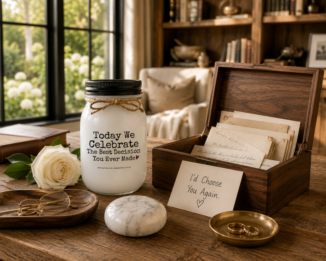 Today We Celebrate The Best Decision You Ever Made customizable 16 oz soy candle with a black lid displayed on a reclaimed white oak library table beside a keepsake box filled with handwritten anniversary letters, wedding bands, reading glasses, and a white rose. A warm modern farmhouse reading room celebrates a lifetime of love and memories.