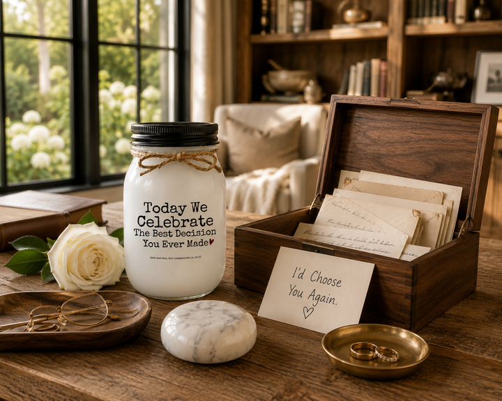 Today We Celebrate The Best Decision You Ever Made customizable 16 oz soy candle with a black lid displayed on a reclaimed white oak library table beside a keepsake box filled with handwritten anniversary letters, wedding bands, reading glasses, and a white rose. A warm modern farmhouse reading room celebrates a lifetime of love and memories.
