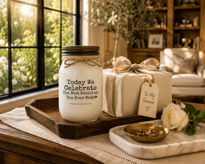 Today We Celebrate The Best Decision You Ever Made customizable 16 oz soy candle with a distressed bronze lid displayed beside a beautifully wrapped anniversary gift tied with champagne velvet ribbon. Wedding bands, a white rose, marble tray, and golden-hour sunlight create an elegant modern farmhouse gift scene celebrating forever love.