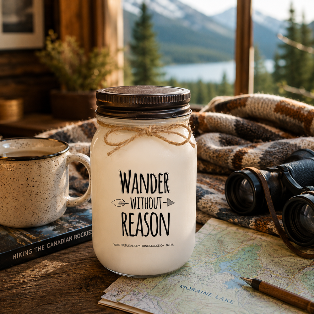 WANDER WITHOUT REASON soy candle with distressed bronze lid styled beside an enamel coffee mug, hiking guidebook, trail map, binoculars, and wool blanket inside a cozy mountain cabin.