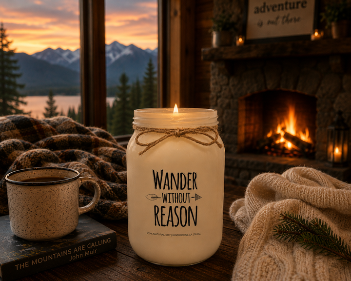 Burning WANDER WITHOUT REASON soy candle inside a mountain cabin featuring a stone fireplace, mountain views through large windows, rustic furnishings, and warm evening lighting.