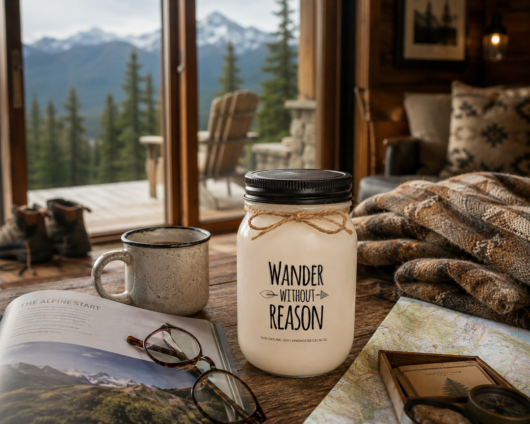 WANDER WITHOUT REASON soy candle with distressed bronze lid styled as a thoughtful mountain-inspired gift beside a handwritten card, travel magazine, enamel mug, pinecones, evergreen sprigs, and rustic cabin décor.
