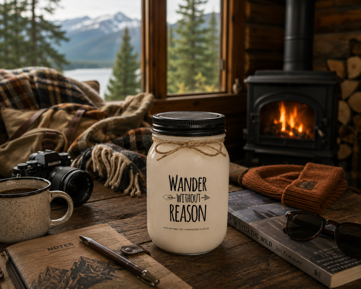 WANDER WITHOUT REASON soy candle with black lid displayed beside a hiking guidebook, reading glasses, coffee mug, trail map, wool blanket, and hiking boots in a cozy mountain cabin setting.