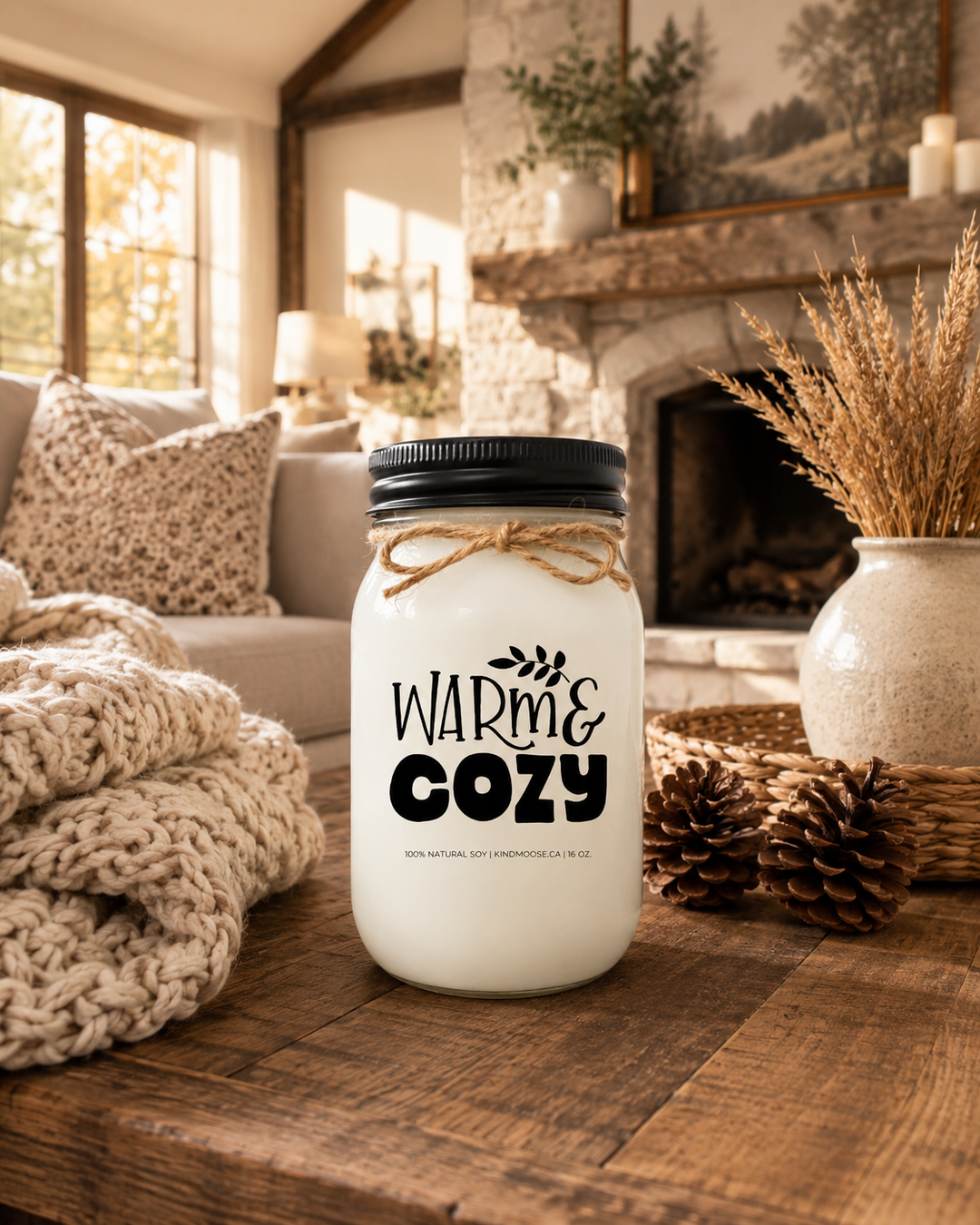 WARM & COZY soy candle with a black lid displayed as the hero on a rustic farmhouse coffee table surrounded by a chunky knit blanket, pinecones, woven basket, and warm wood accents. Soft autumn sunlight fills a bright luxury living room with neutral décor, creating a peaceful atmosphere that celebrates comfort, relaxation, and the simple joy of being home.