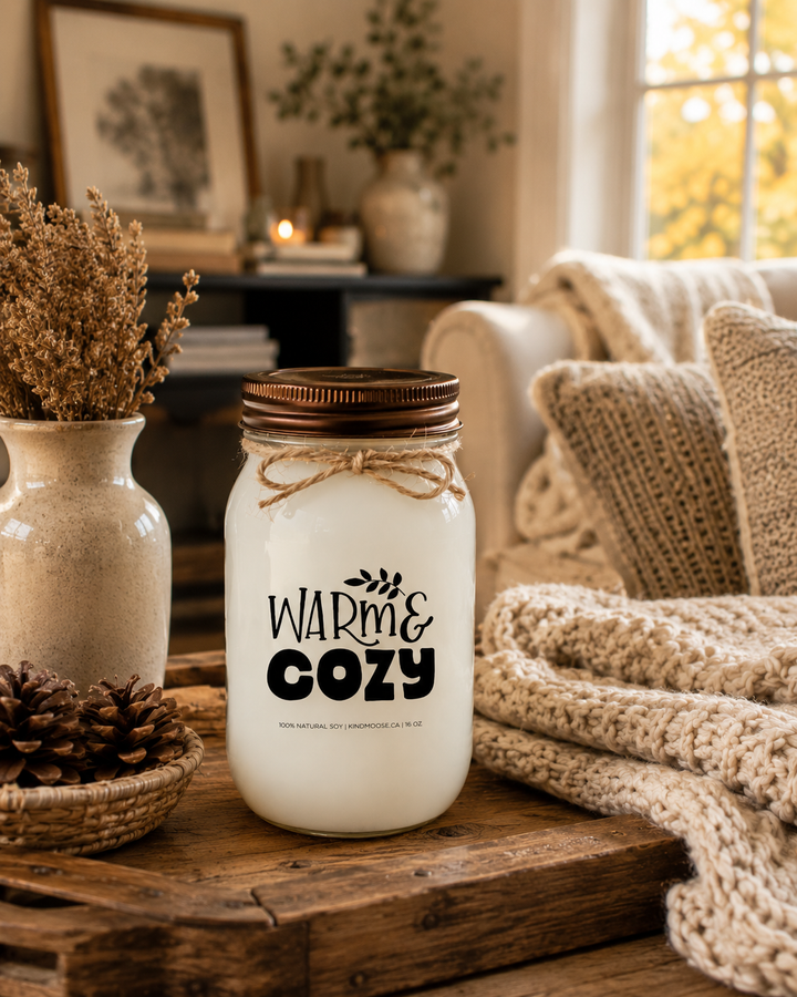WARM & COZY soy candle with a distressed bronze lid styled in a bright farmhouse sunroom beside a rustic charcuterie board, artisan cheeses, crackers, grapes, herbal tea, and cozy knit textures. Warm afternoon sunlight and elegant neutral décor create a welcoming gathering space that celebrates slowing down, meaningful conversations, and comfortable living.