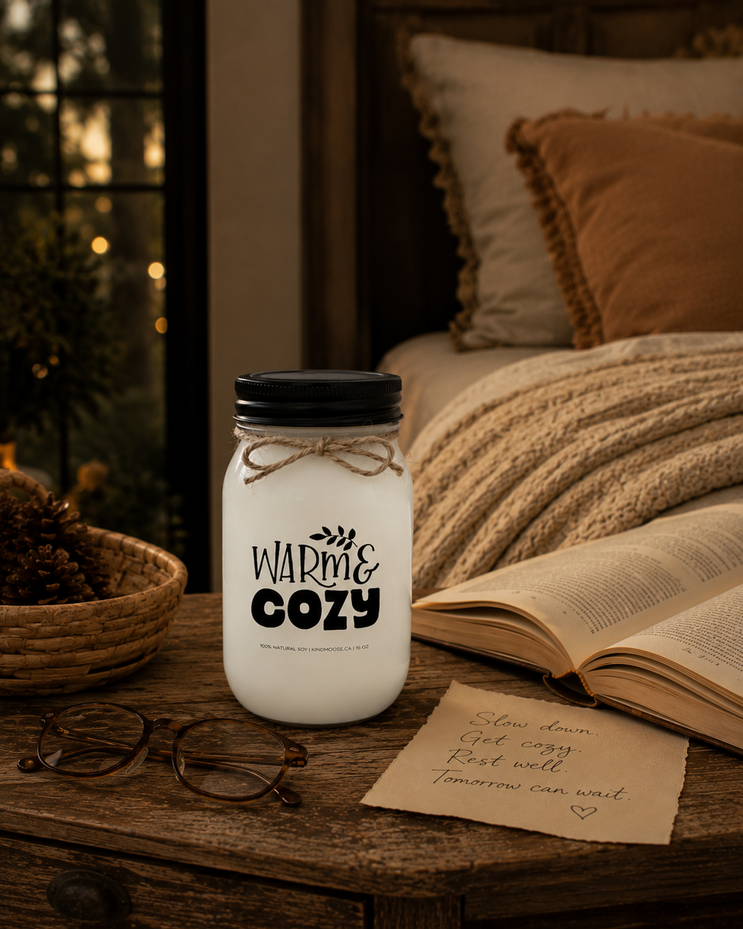 WARM & COZY soy candle with a black lid displayed on a rustic wooden nightstand beside an open book, handwritten note, reading glasses, soft linen bedding, and cozy knit textures in a luxury farmhouse bedroom. Warm golden-hour light creates a peaceful retreat that celebrates slowing down, unwinding, and ending the day surrounded by comfort.