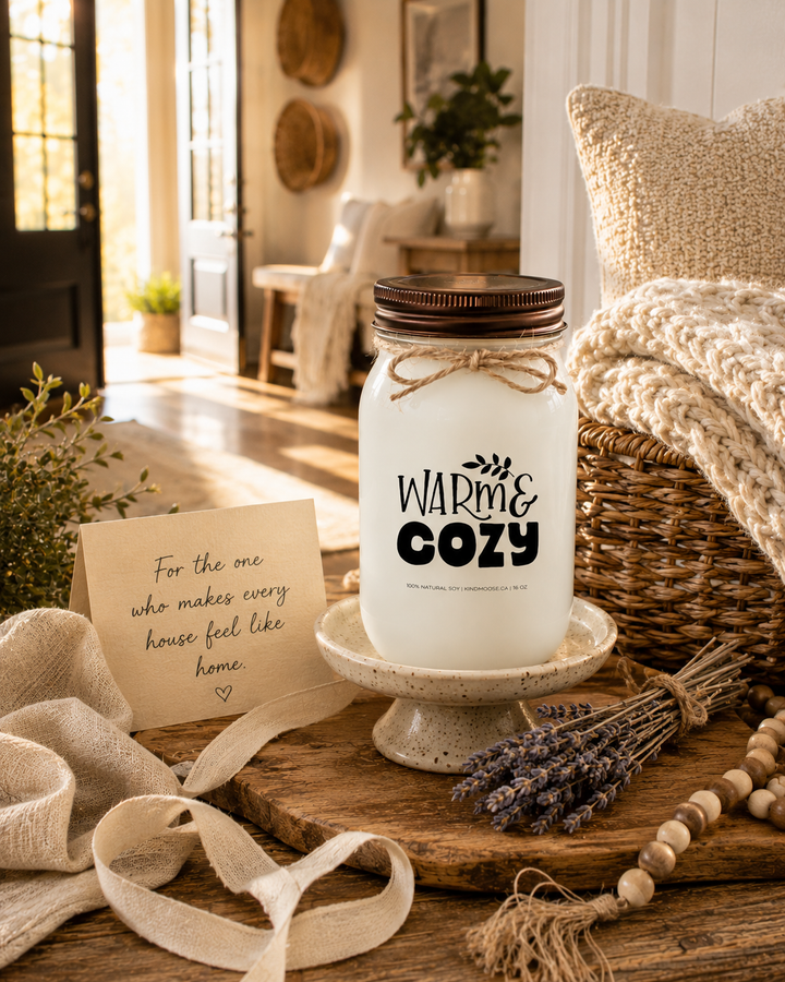WARM & COZY soy candle with a distressed bronze lid displayed as a thoughtful housewarming gift on a rustic farmhouse entry table. Styled with a handwritten card reading “For the one who makes every house feel like home,” a cream linen ribbon, chunky knit blanket, woven basket, dried lavender, wooden beads, and warm natural wood accents. Sunlight pours through the open entryway, creating a bright, welcoming atmosphere that celebrates comfort, relaxation, and the feeling of coming home.