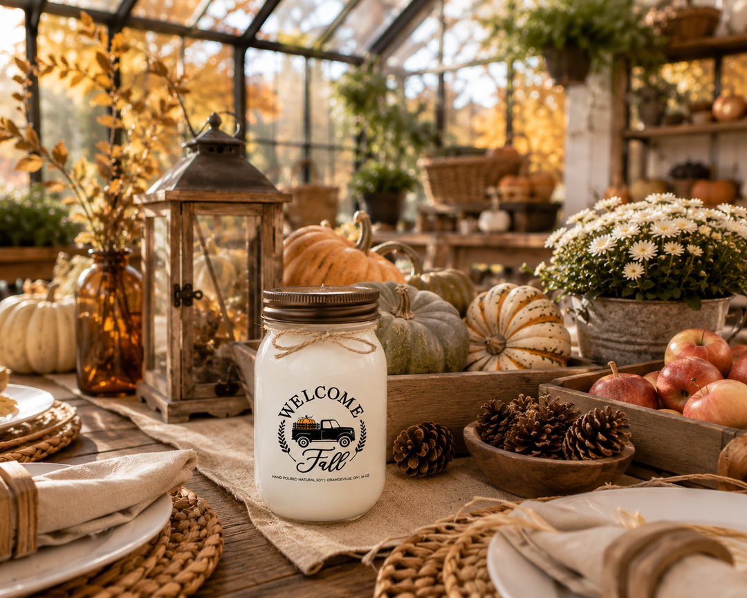 WELCOME FALL soy candle with a distressed bronze lid displayed on a rustic harvest table inside a bright luxury farmhouse greenhouse. Styled with heirloom pumpkins, fresh apples, white mums, pinecones, rustic lanterns, amber glass bottles, woven textures, and natural wood accents, the welcoming scene captures the excitement of decorating for the autumn season in warm golden afternoon sunlight.