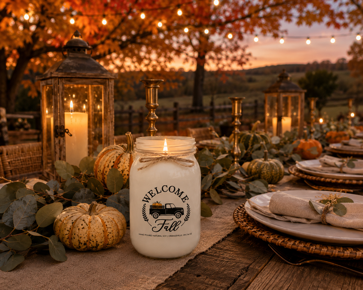 Burning WELCOME FALL soy candle displayed on a reclaimed wood harvest table during an elegant outdoor autumn dinner beneath colorful maple trees. Surrounded by heirloom pumpkins, rustic lanterns, linen place settings, eucalyptus garland, and glowing café string lights, the peaceful countryside scene celebrates harvest traditions, cozy gatherings, and unforgettable autumn evenings.