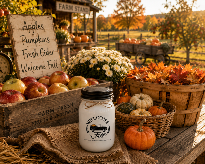 WELCOME FALL soy candle with a black lid displayed at a charming rustic farm market beside wooden crates of freshly picked apples, heirloom pumpkins, colorful maple leaves, white chrysanthemums, woven harvest baskets, and vintage produce boxes. Set against a peaceful apple orchard and rolling countryside in warm golden afternoon sunlight, the scene celebrates pumpkin season, apple picking, and the timeless traditions of fall.