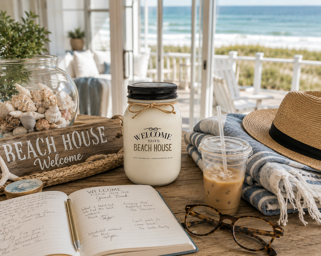 WELCOME TO OUR BEACH HOUSE soy candle with black lid displayed beside an open guest book, iced coffee, beach towel, seashells, and a straw sun hat in a bright beach house overlooking the ocean.