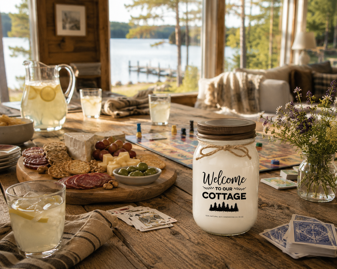 WELCOME TO OUR COTTAGE soy candle with distressed bronze lid styled on a family cottage dining table featuring board games, lemonade, charcuterie, wildflowers, and beautiful lake views through large windows.