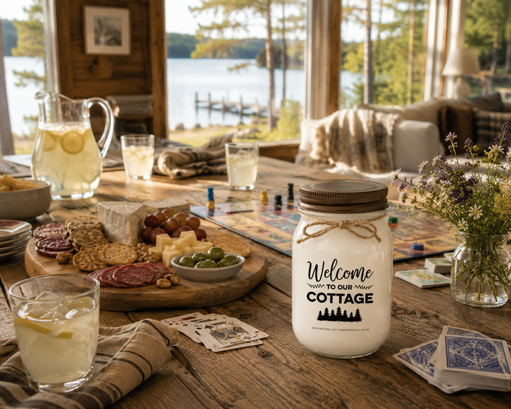 WELCOME TO OUR COTTAGE soy candle with distressed bronze lid styled on a family cottage dining table featuring board games, lemonade, charcuterie, wildflowers, and beautiful lake views through large windows.