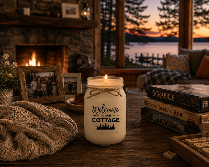 Burning WELCOME TO OUR COTTAGE soy candle in a cozy family cottage featuring a stone fireplace, family photos, board games, warm blankets, and sunset views overlooking the lake.