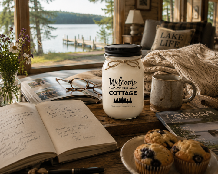 WELCOME TO OUR COTTAGE soy candle with black lid displayed beside an open guest book, family photo album, reading glasses, coffee mug, blueberry muffins, and peaceful lake views in a welcoming cottage interior.