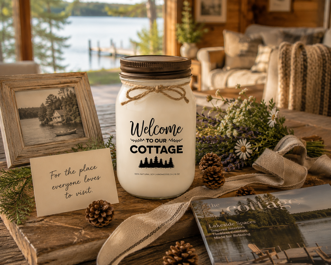 WELCOME TO OUR COTTAGE soy candle with distressed bronze lid styled as a thoughtful cottage owner gift featuring a handwritten card, wildflowers, cedar greenery, pinecones, vintage cottage photo, and rustic lakeside décor.