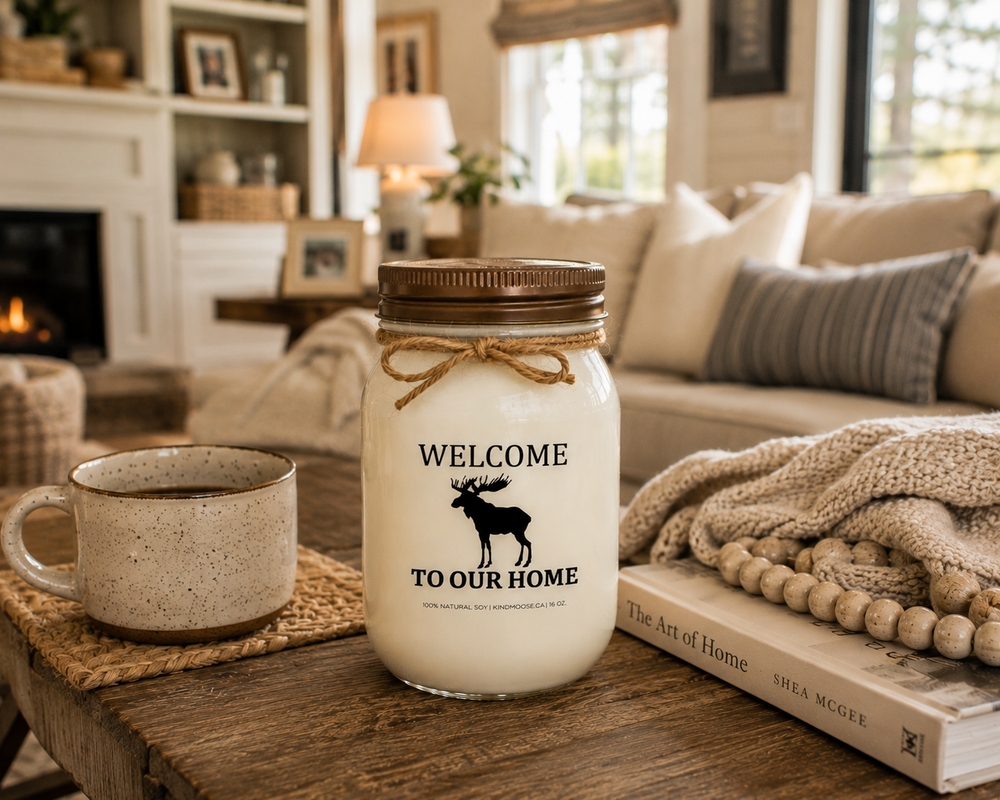 WELCOME TO OUR HOME soy candle with distressed bronze lid styled on a rustic coffee table beside a coffee mug, favorite book, and cozy knit blanket in a warm family living room.